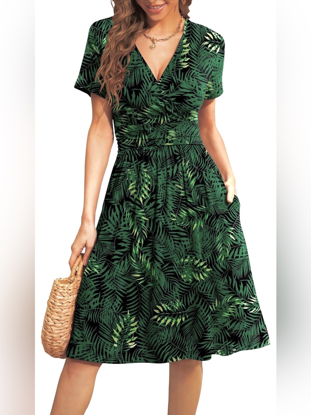 Amazon Brand Green Tropical Print V-Neck Midi Dress size Large